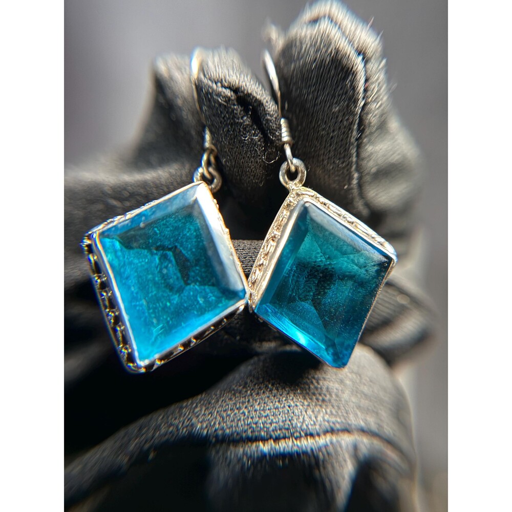 925 Sterling Silver Blue CZ Dangle Earrings Square Faceted Statement Drop
